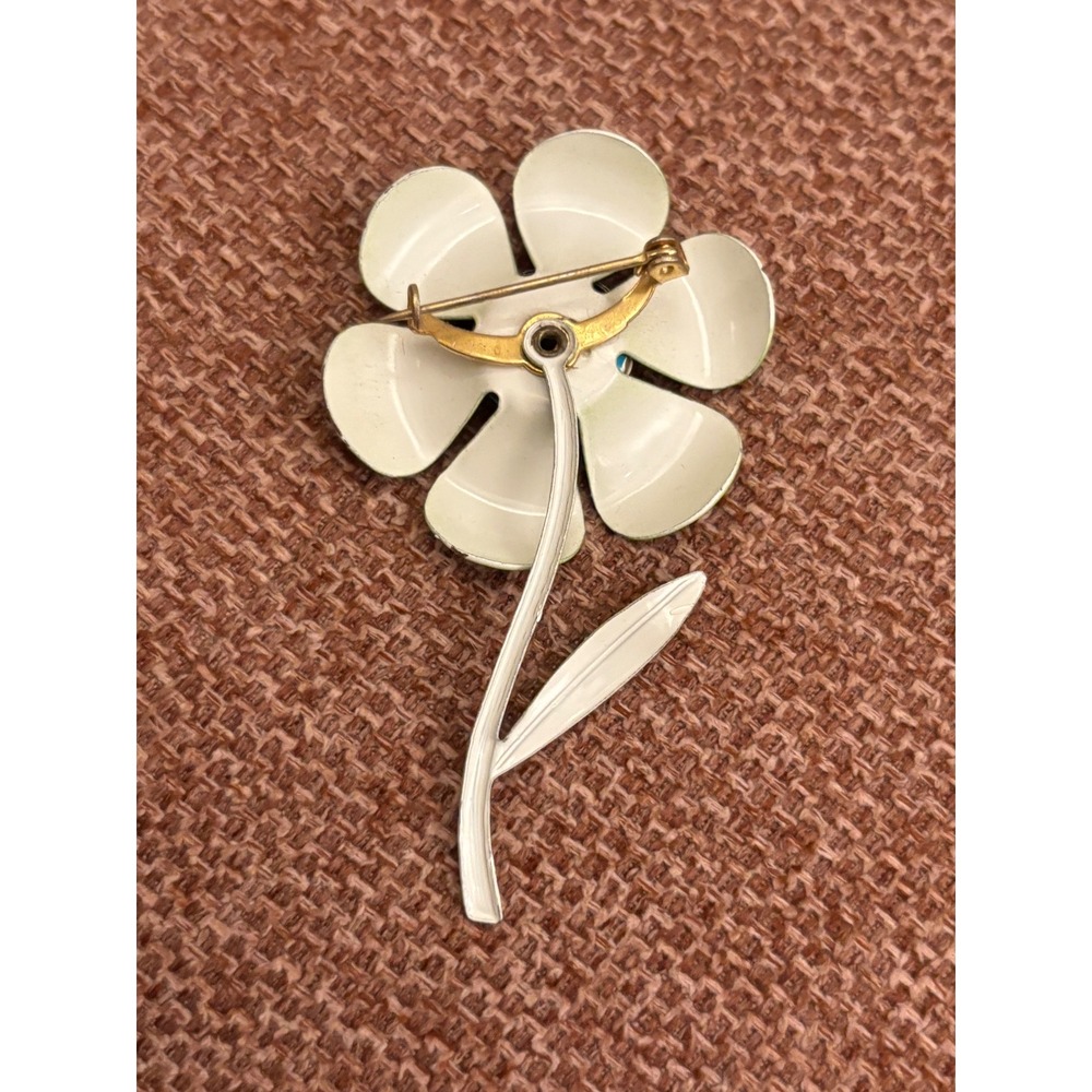 Vintage 60s Enamel Flower Brooch Lime Green Turquoise Blue Floral Pin Retro - Picture 2 of 3